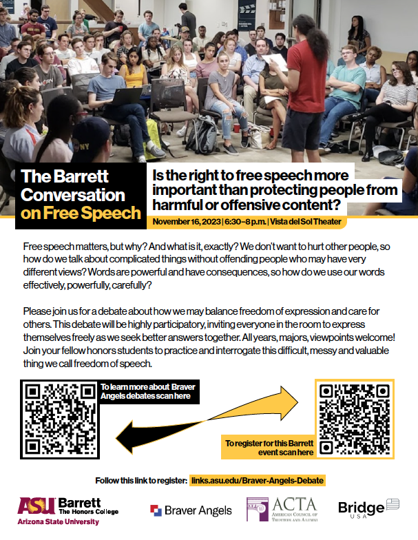 VOCalcomm's tweet photo. 2 of 2: And on 11/16, a #freespeech @braverangels  debate with students of @barretthonors at @ASU. Thanks to @templeton_fdn for generously supporting our development and research at these #civildiscourse communities of practice. @goACTA @BridgeUSA_ https://t.co/0KUyajXlym