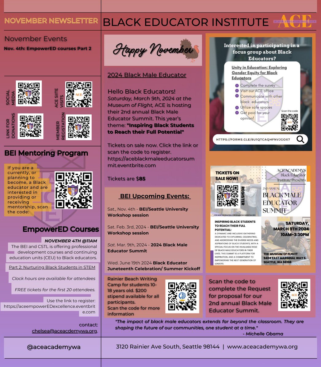 ACEAcademyWA's tweet photo. ⭐️ Good evening Educators! Here is your November Newsletter!

Be on the look out for: ⤵️

🟠 February 3rd BEI/ Seattle U workshop session!

🟠 March 9th Black Educator Summit

🟠 June 19th Black Educator Juneteenth celebration. 

#blackeducators #ACEWA #excellence https://t.co/vto1SIkgXe