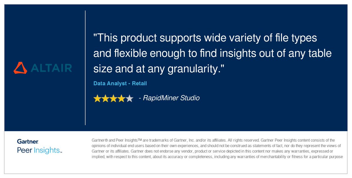A #Data analyst in the retail industry gives RapidMiner Studio a 4/5 rating in the @Gartner_inc Peer Insights™ DSML Engineering Platforms Market. Read the full review here: gtnr.io/P5yrDGwFE #GartnerPeerInsights #OnlyForward