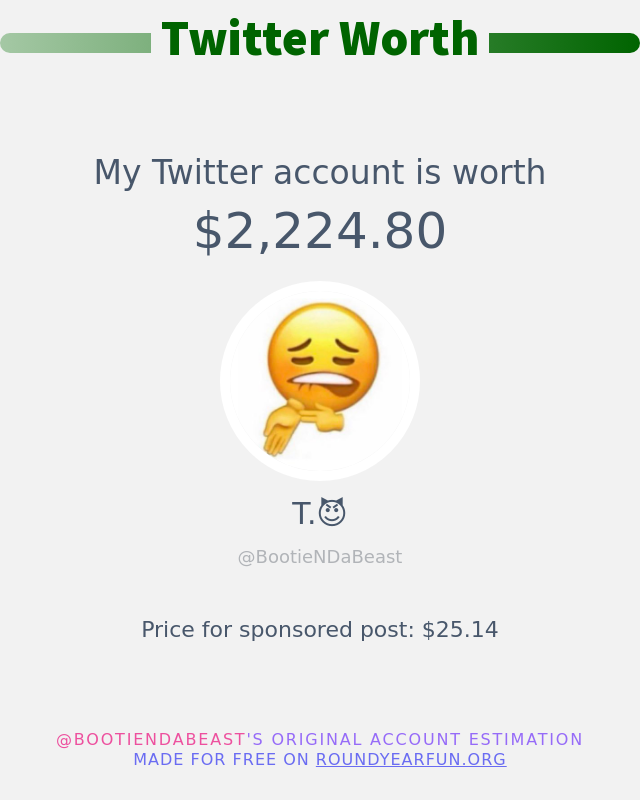 My Twitter worth is: $2,224.80 ➡️ https://t.co/0IOq2ADJAG https://t.co/QitkuMTvMq