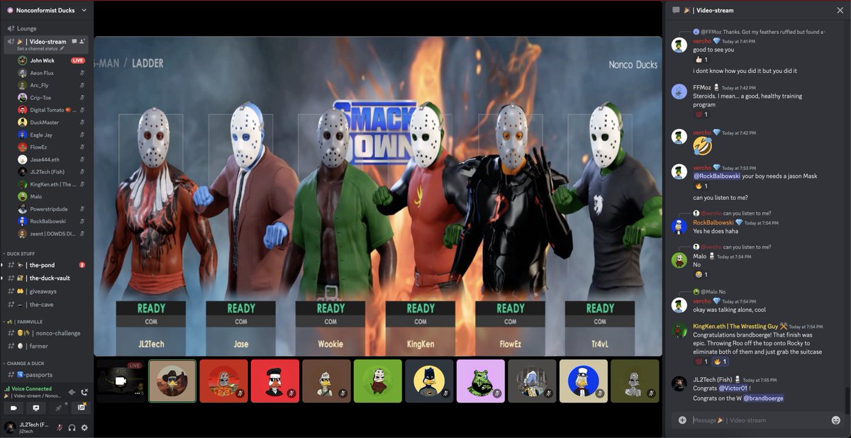 <a href="/NoncoDucks/">Nonconformist Ducks</a>  NFT project 
<a href="/NoncoJasonGang/">Nonconformist Jason Gang</a>  Alpha Club 

A competition for a golden Jason mask! 

Insanely fun!  AI generated WWE ladder match.  Huge shout-out to all the Ducks that made this happen!  

Quack Quack mother duckers 🦆 

<a href="/1Perseus/">Crypto Chase</a>