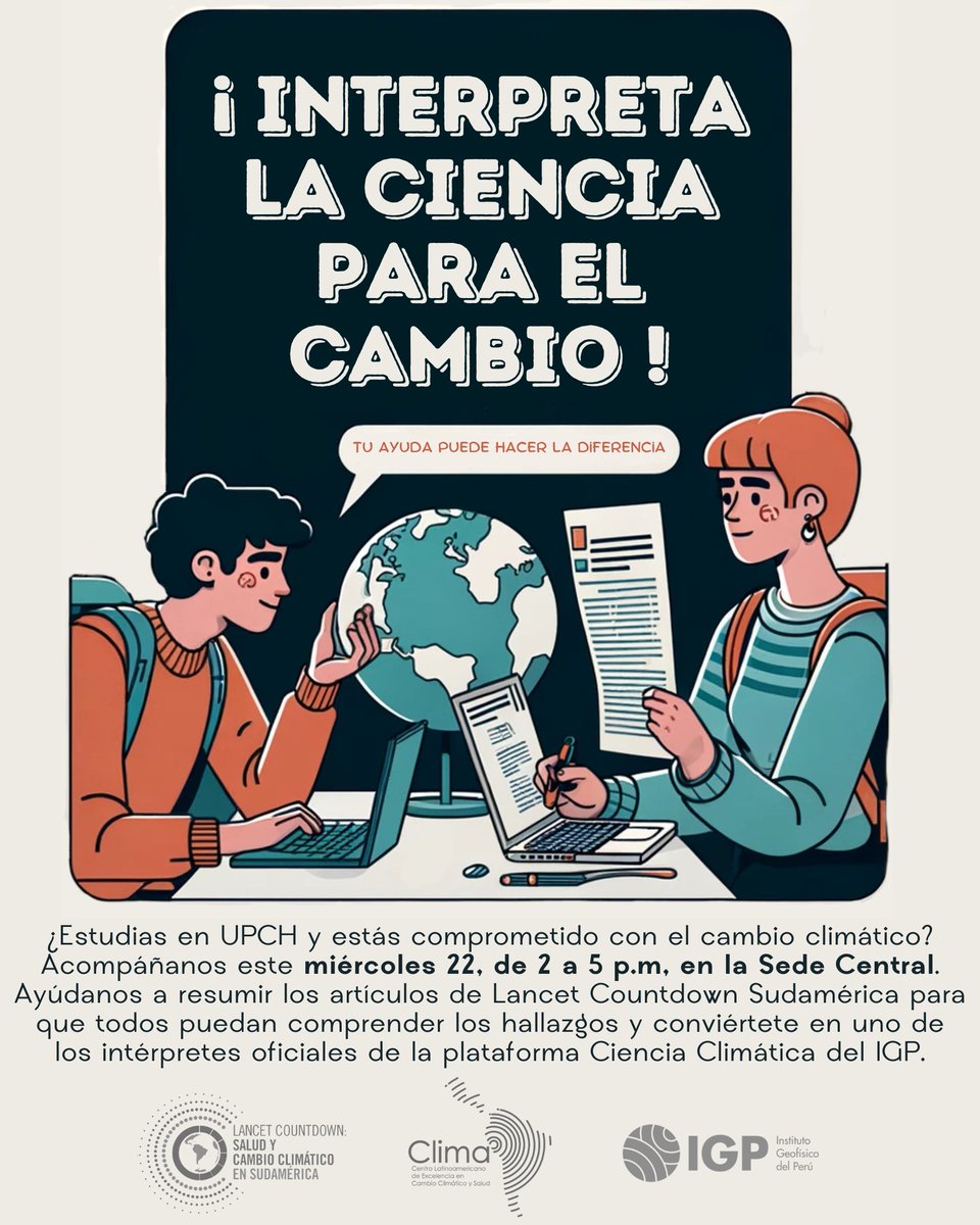 En  <a href="/ClimaUpch/">Clima UPCH</a> entendemos la importancia del acceso a información en nuestro idioma. Por eso nos sumamos a <a href="/igp_peru/">Instituto Geofísico del Perú</a> y su iniciativa #CienciaClimática. Invitamos a estudiantes de #UPCH  a ser interpretes de los artículos de @LCSudamerica . 

🔗 Únete aquí: qfreeaccountssjc1.az1.qualtrics.com/jfe/form/SV_6Y…