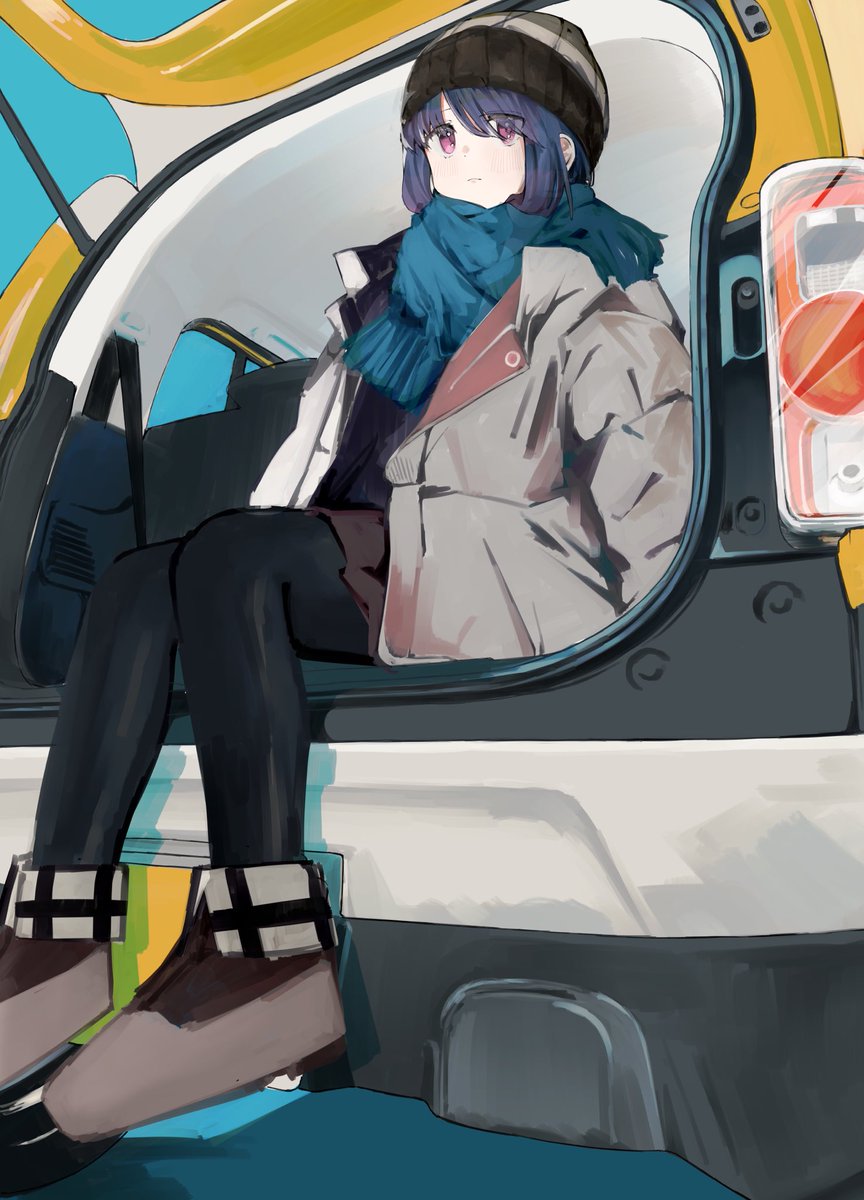 shima rin 1girl solo scarf hat blue hair ground vehicle motor vehicle  illustration images