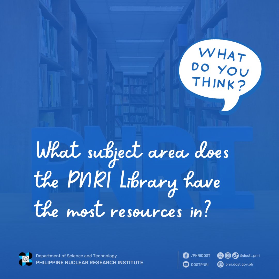 dost_pnri's tweet photo. This #LISM2023, let's learn more about the Library of the @dost_pnri! ๐
The PNRI Library is a specialized research library maintaining resources on many areas of knowledge in nuclear. Can you guess what subject area does the Library have the most resources in? ๐ค
#nuclearPH https://t.co/w4JoAD9HS6