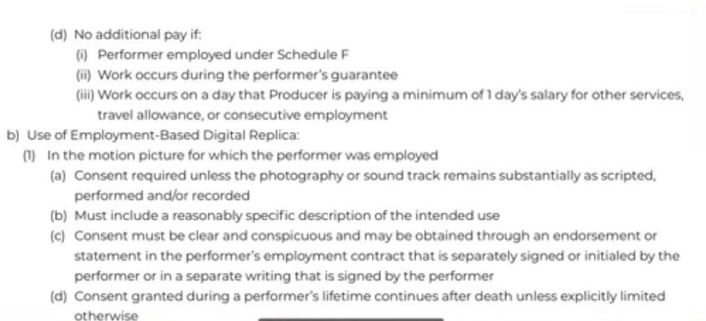 The SAG-AFTRA deal is horrible and I haven’t seen enough people talking about it, rather accepting that the strikes are “over”

It still allows for generative AI to take jobs and recreate you after death

If you are a member of the union PLEASE vote NO, actors deserve better