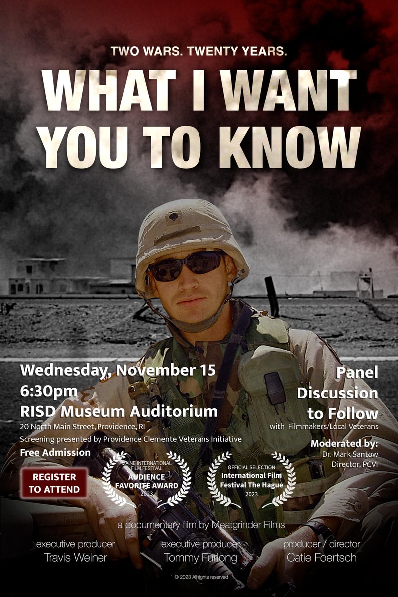 Mark Santow (@alinskylives) on Twitter photo <a href="/PVDscholarvets/">Providence Clemente Veterans Initiative</a> will screen vet-made film "What I Want You To Know" Wed 11/15 <a href="/RISDMuseum/">RISD Museum</a>
Auditorium 6:30pm. Panel w/vets & filmmakers. Vets share w/searing candor stories from Iraq/Afghanistan deployments & explore tragedy of their wars. Free tix: risdmuseum.org/exhibitions-ev… <a href="/PVDscholarvets/">Providence Clemente Veterans Initiative</a> will screen vet-made film "What I Want You To Know" Wed 11/15 <a href="/RISDMuseum/">RISD Museum</a>
Auditorium 6:30pm. Panel w/vets & filmmakers. Vets share w/searing candor stories from Iraq/Afghanistan deployments & explore tragedy of their wars. Free tix: risdmuseum.org/exhibitions-ev…