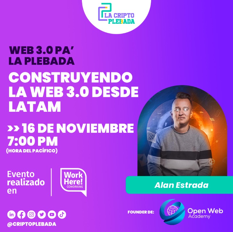 ¡Que rollo, plebada! Volvemos con los Meet Ups presenciales en Culichi 🍅. En esta ocasión tenemos un invitado especial desde el mismito Nayarit, <a href="/alannetwork_/">Alan ⛓⚡️</a> se va a rifar hablando de cómo construir la WEB 3.0 desde LATAM.

¡Nos vemos en <a href="/WorkHereCowork/">WorkHere! Coworking</a> a las 7:00 PM! 🚀