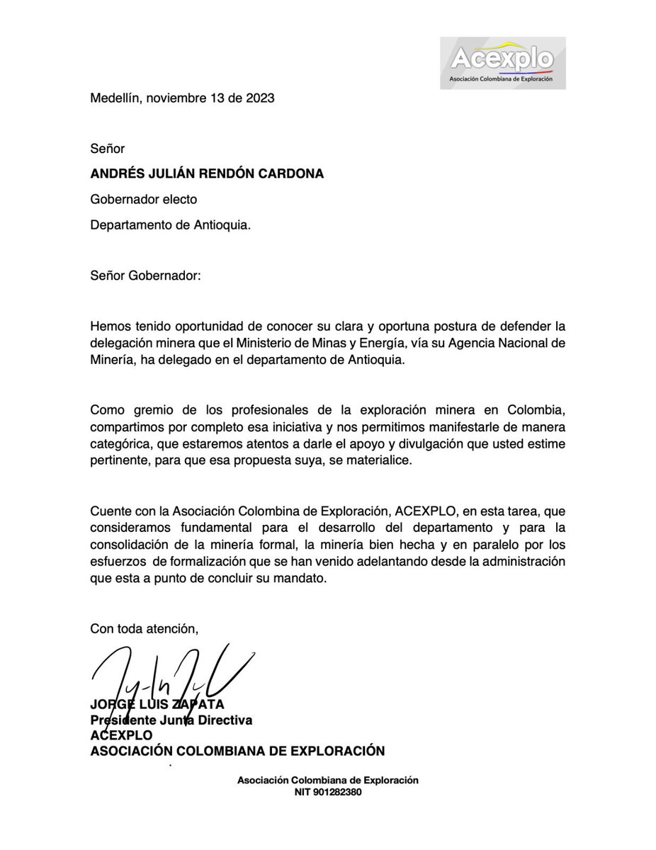 <a href="/AndresJRendonC/">Andrés Julián</a>,  manifestamos como gremio que representa la exploración minera en Colombia nuestro apoyo y la divulgación que usted estime pertinente para que esta propuesta se materialice
 <a href="/anibalgaviria/">Aníbal Gaviria Correa</a>
Sin exploración no hay minería y sin minería no hay transición energética