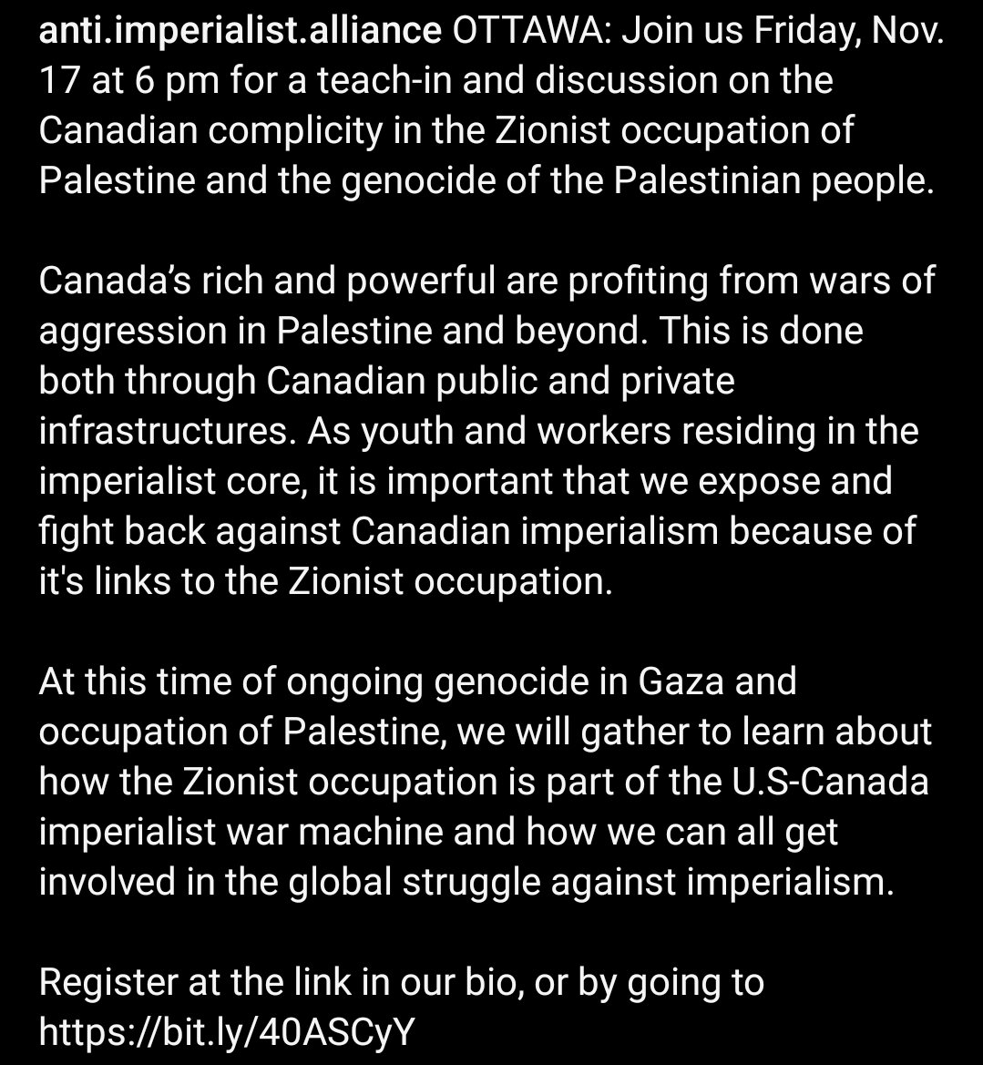 Join the <a href="/AIACanada_/">Anti-Imperialist Alliance</a> <a href="/ILPS_CANADA/">International League of Peoples' Struggle Canada</a> <a href="/palyouthmvmt/">Palestinian Youth Movement</a> <a href="/PalestineLabour/">Labour for Palestine</a> and others this Friday November 17th, at 6PM for a discussion on Canadian imperialism and Palestine.