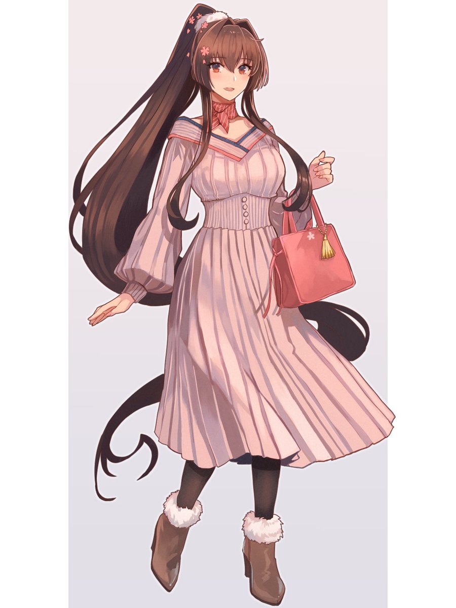 yamato (kancolle) 1girl long hair solo brown hair ponytail dress full body  illustration images