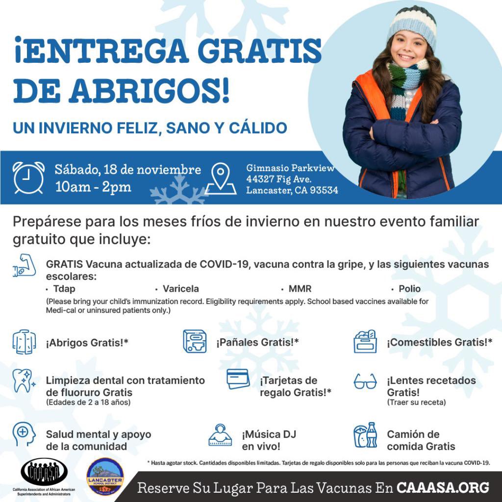 Se acerca el invierno y es hora de asegurarse de que su familia esté abrigada, saludable y lista para la temporada. ¡Únase a nosotros el 11/18 en CAAASA para obtener GRATIS! Abrigos, limpieza dental (2 -18 años), comestibles, pañales, anteojos y más! caaasa.org.