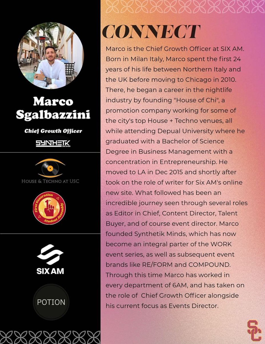 italianreckoner's tweet photo. I’ve been invited to share some knowledge on Wednesday at CONNECT on the USC Campus, organized by the University’s House + Techno club in collaboration with Potion and SIX AM 

Free with RSVP: https://t.co/QmJmWI1Yts https://t.co/9Quji8O4pK