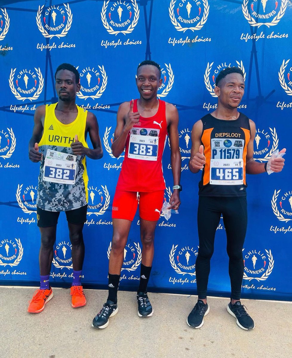 ChillieRunners's tweet image. A huge congrats to our 10km speedy male champs! 🏆👏 
1. Gladwin Mzazi - 00:32:03 
2. Mokaedi Pheko - 00:32:58 
3. Mvelo Mxolisi - 00:33:50 dominated the 10km with impressive times – a true inspiration to all! 🏁⏱️ 

#RaceWinners #ChillieRunners10km