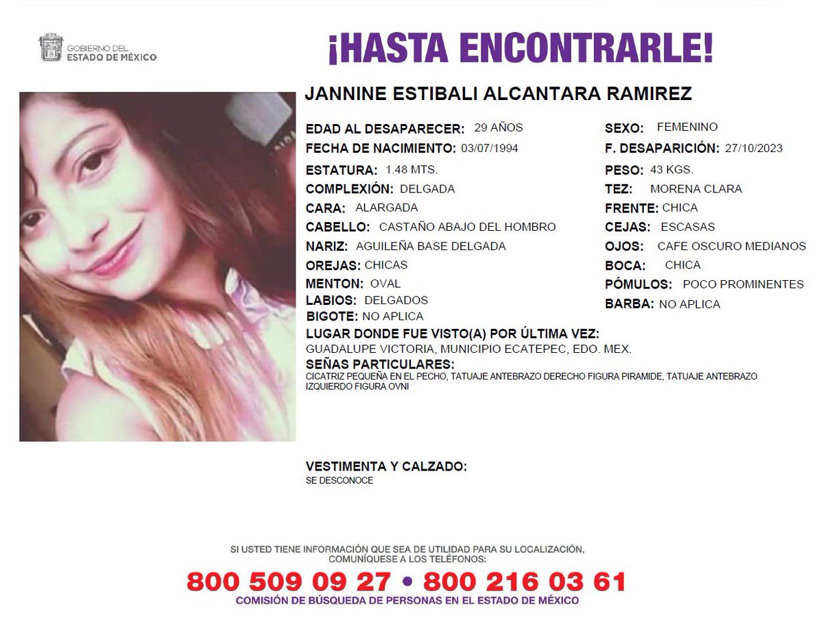 MVSNoticias's tweet photo. #AlertaAmber 🚨
Se busca a Jannine Estibali Alcántara Ramírez quien desapareció el pasado 27 de octubre. 
Si conoces su paradero o la has visto, favor de comunicarse. https://t.co/zDfR8Pn2e6