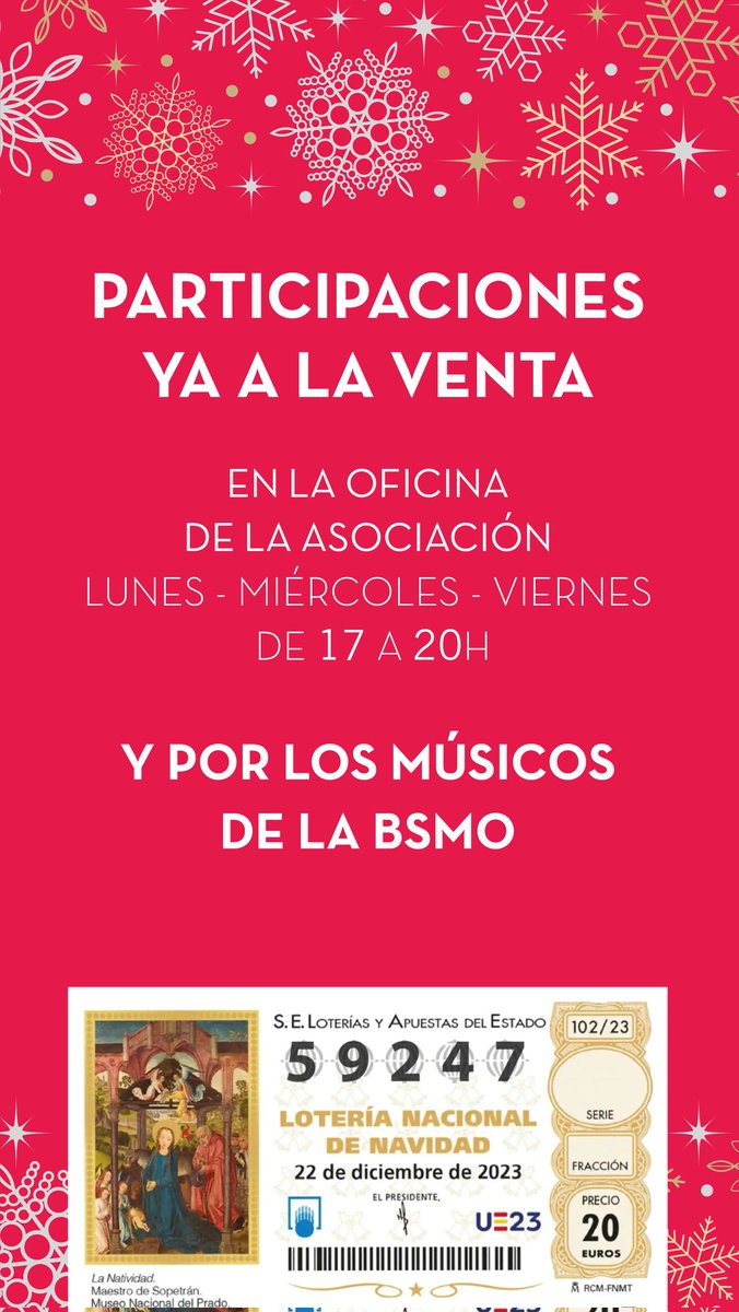 Nuestra Lotería de Navidad ya está disponible, a la venta en nuestra sede y a través de nuestros socios y músicos.
La BSMO siempre toca!