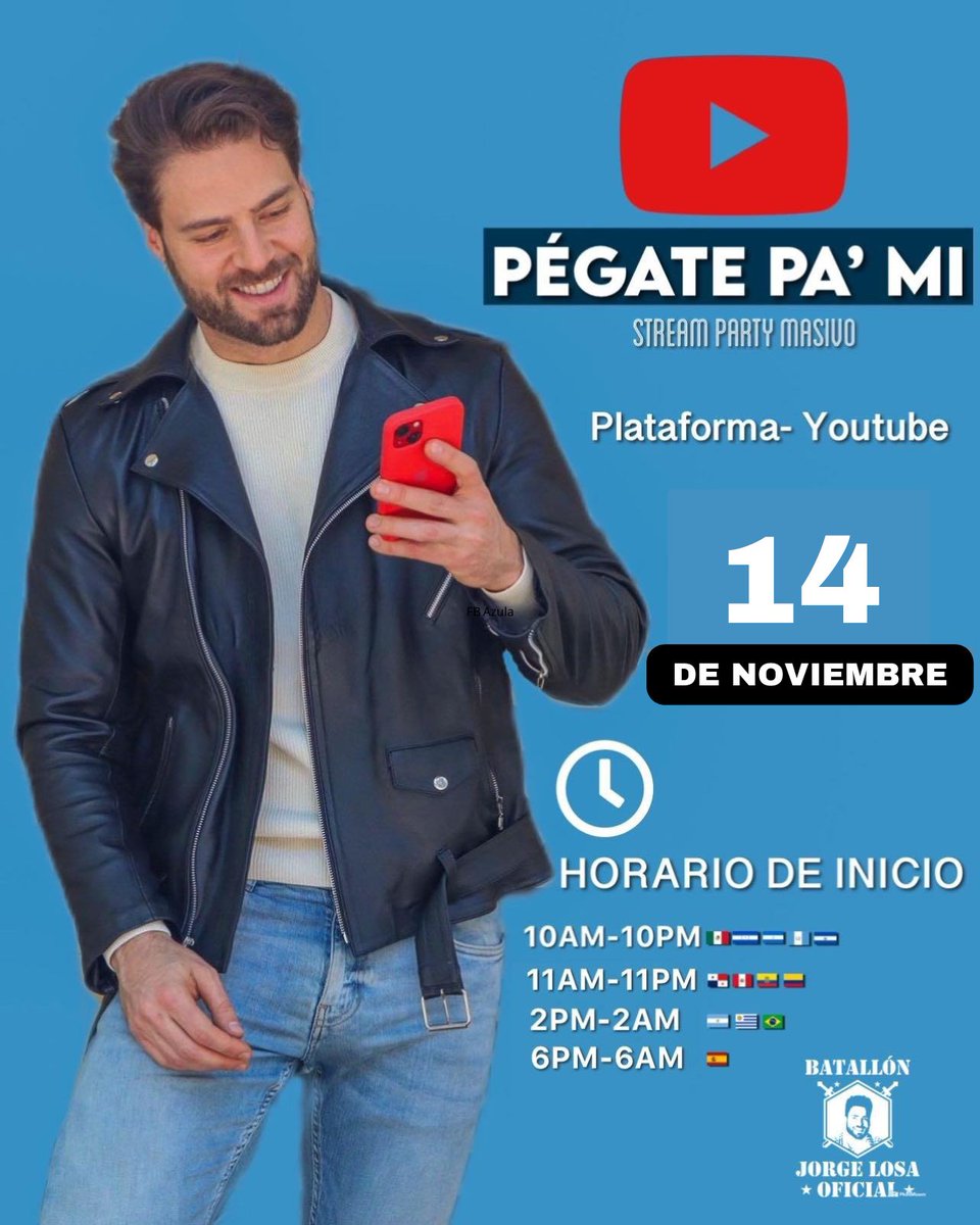 Batallon_Losa's tweet photo. El día de mañana martes 14 de noviembre los invitamos a ser parte del STREAM PARTY al video musical de "PÉGATE PA' MI" de nuestro querido @jorgelosaactor a partir de las 10:00 am hora de México.
Link del video ⬇️
https://t.co/tS0YYQpdwz
#Music #YouTube #stream #actor https://t.co/PZUPc8Z53D