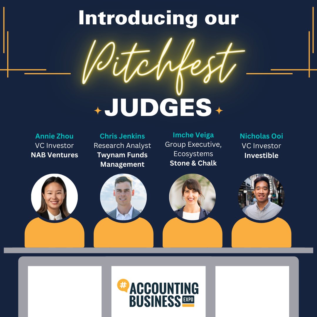AccountingBExpo's tweet photo. Introducing the Judges for #ABExpo 2023 Sydney Pitchfest! Join us on day 2, 23 November at 2:00pm and see six start-ups go head-to-head in a shark tank inspired pitchfest! Don't miss this, register FREE now https://t.co/B8oDk3CfLS https://t.co/rl6tII4uYy