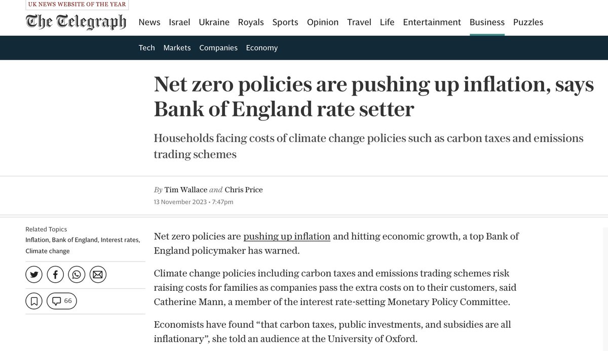 JunkScience's tweet image. Bank of England admits 'net zero' policies are inflationary.

That means green policies just make things pointlessly cost more.

telegraph.co.uk/business/2023/…