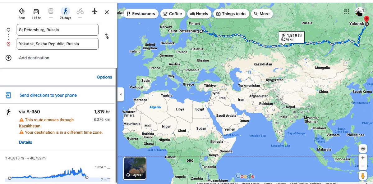 jharrisfuture's tweet image. So here is St. Petersburg, Russia to Yakutsk, Sakha Republic, Russia, which is 8000km. The distance from Mogadishu to Dakar is 8800km according to this same system; look how Africa is underscaled on this map; it should  be scaled at least as wide than Russia.

#countermapping