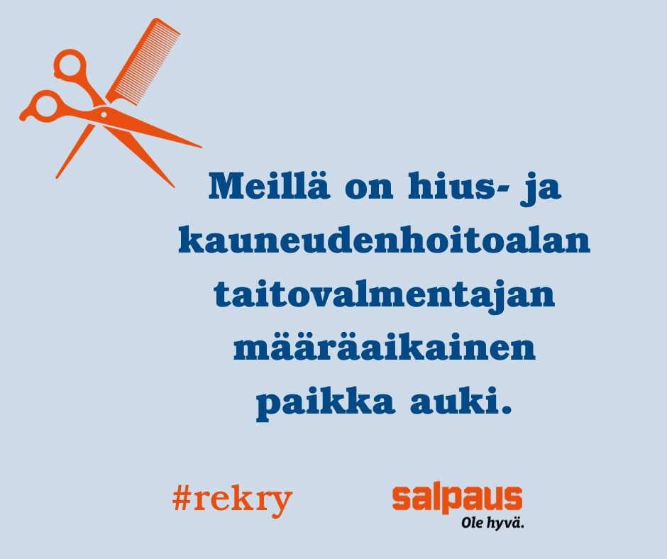 🙋‍♀️ Etsimme  Salpauksen Kauneustaloon taitovalmentajaa määräaikaiseen työsuhteeseen  8.1.2024-30.6.2025.
Lue lisää  tehtävästä sekä monipuolisista työsuhde-eduista  👉 ow.ly/zOeb50Q7c8h ja hae  24.11. klo 23.59 mennessä 👉 

#hiusala #kauneudenhoito #taitovalmentaja