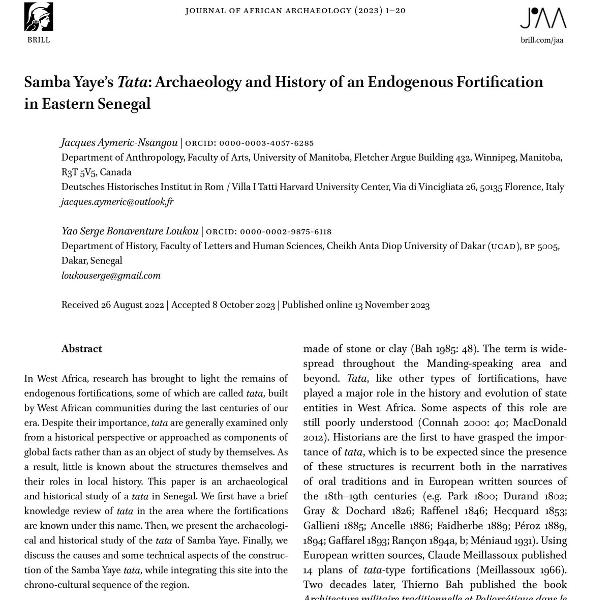 📣📣 📣 Just published 🚨🚨🚨:
Restricted Access (but available inbox; just text me 😉)
Samba Yaye’s Tata: Archaeology and History of an Endogenous Fortification in Eastern Senegal.
brill.com/view/journals/…
