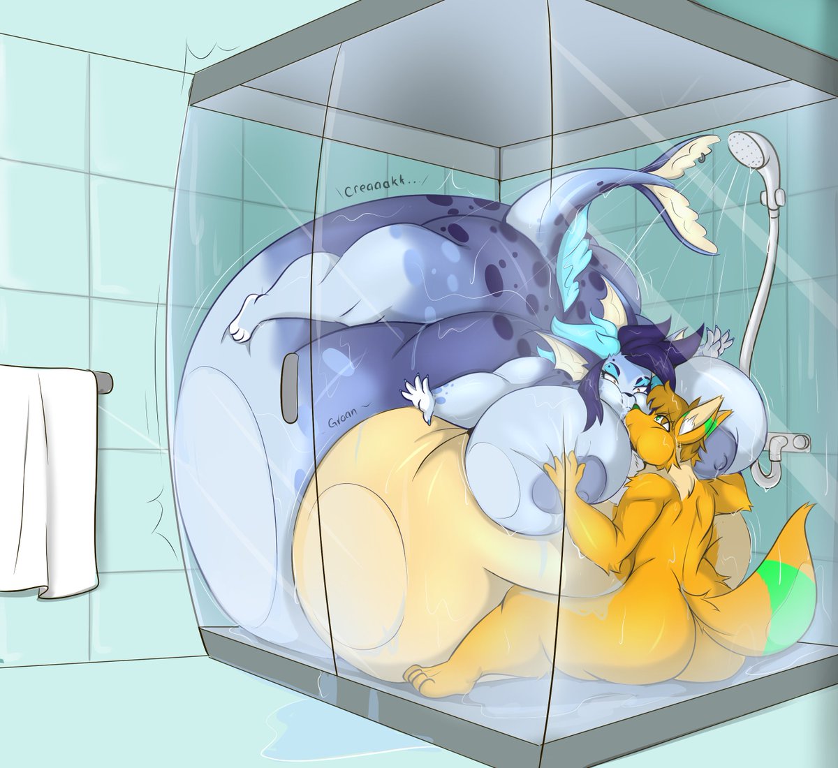 full-color work for <a href="/GlacierLavender/">Lav!! 💜(11/14 🎂)</a> 
Vivian as a Vaporeon, can absorb a lot of water, but the excessive amount of water in the shower has to go somewhere, luckily, Blight is there for her to fill him up like a water balloon, I guess there are two water balloons in the shower now