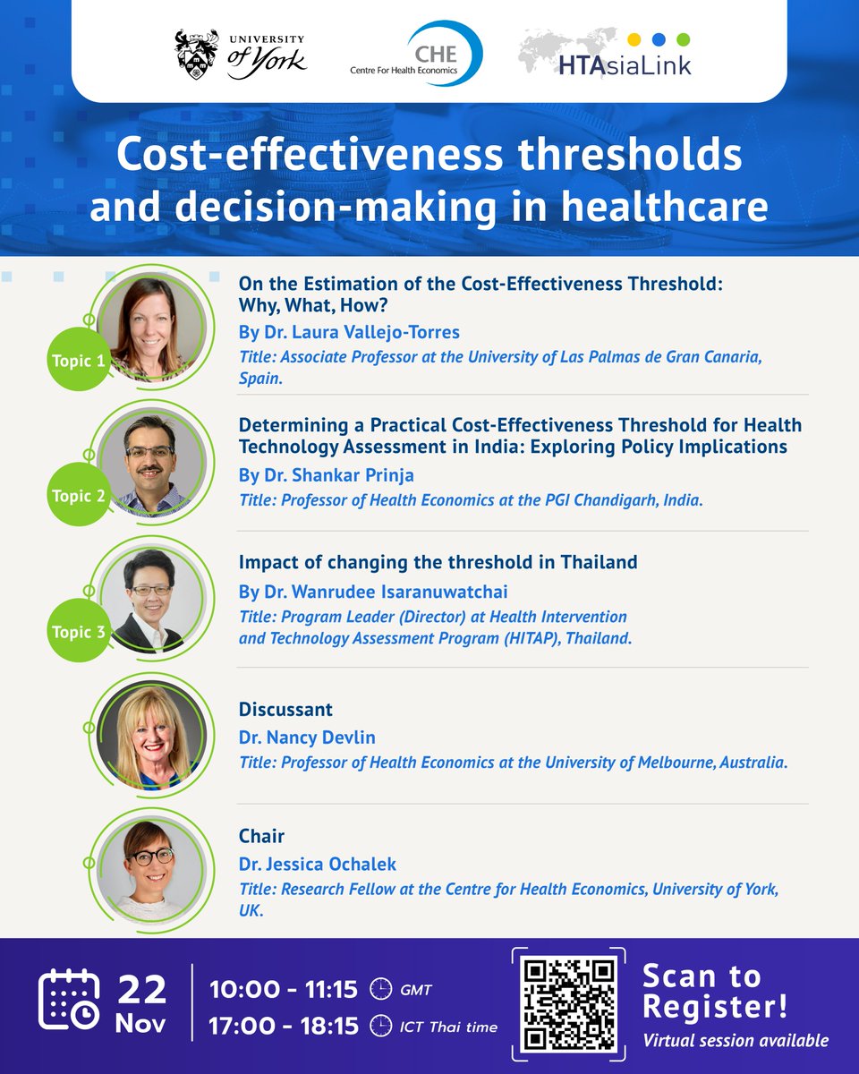 🌐 Join us for Part 1 of our Webinar Series! #HTAsiaLink, in collaboration with @YorkUniversity, @CHEyork and @HITAP_Thailand, presents: 'Cost-effectiveness thresholds and decision-making in healthcare.' 🗓️ Nov 22, 2023 ⏰ 10:00 AM GMT 🔗 Register now: us06web.zoom.us/webinar/regist…