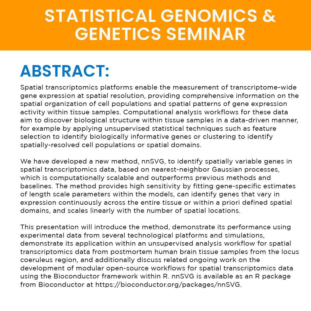 Dr. Lukas Weber <a href="/lmwebr/">Lukas Weber</a> will give a Statistical Genomics &amp; Genetics seminar at Columbia Biostatistics Department <a href="/ColumbiaMSPH/">ColumbiaPublicHealth</a> this Wednesday at 3-4pm! Welcome to join us at columbiacuimc.zoom.us/j/4605723063 🤓