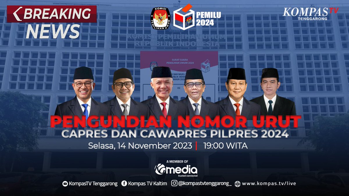 Kompastv_tgr's tweet photo. [Penetapan Nomor Urut Capres Cawapres]

Saksikan secara langsung penerapan nomor urut paslon Capres dan Cawapres yang telah ditetapkan oleh KPU RI

Selengkapnya di kanal YouTube Kompas TV Tenggarong 

#Pemilu2024diKompasTV #NomorUrutPilpres2024
#Pilpres2024 #KompasTVNetwork https://t.co/fQbnpkwHWp