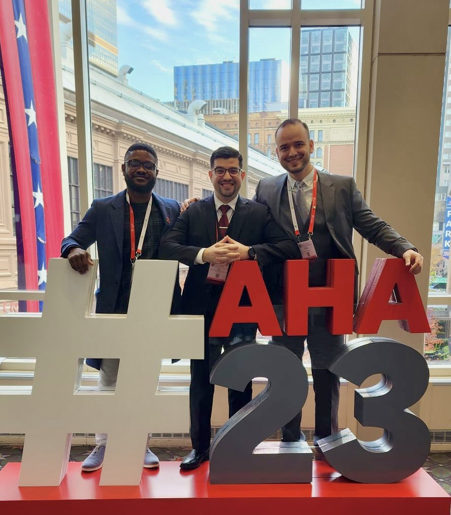 DrAntonCardio's tweet photo. New city, new venue, but the same three Cardiac Musketeers! Thank you to the leadership of the #AHA as well as the city of Philadelphia for hosting an excellent #AHA23 conference. Now looking forward to #ACC24 !
#JSUMC https://t.co/HGsfCze7d4