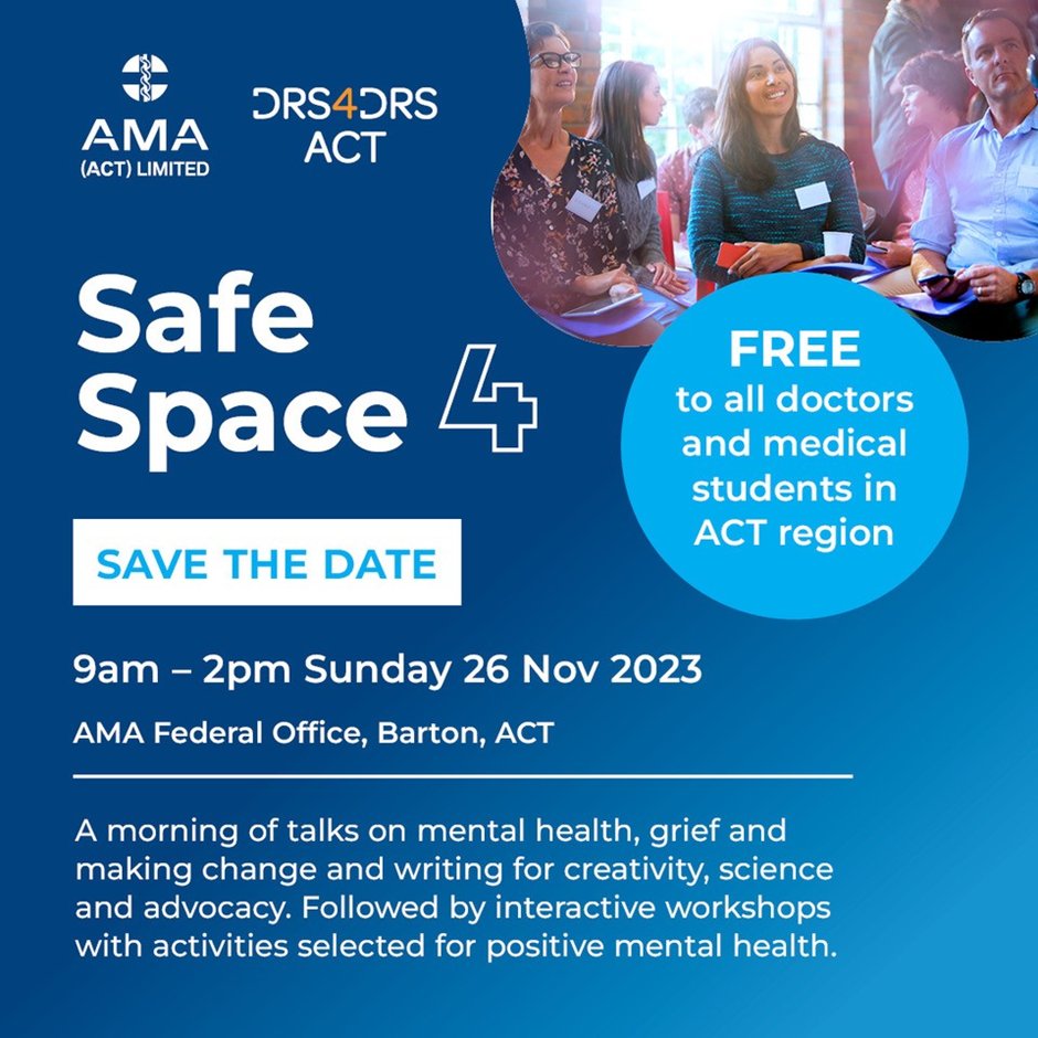 Join Drs4Drs ACT for Safe Space 4, an event series focused on doctors' mental health and wellbeing in the ACT.
🗓️ Date: November 26, 2023, 9:00 AM - 2:00 PM
🏢 Location: AMA, 39 Brisbane Ave, Barton ACT
Get your FREE ticket now 👇
trybooking.com/events/landing…