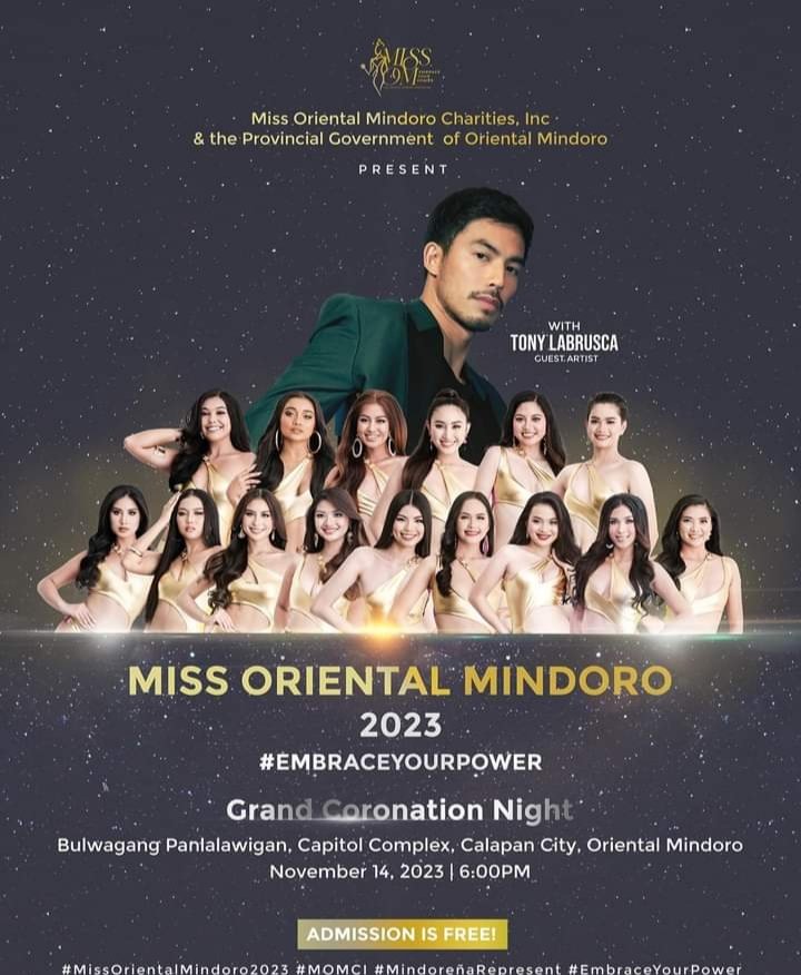 Witness Oriental Mindoro’s most empowering event of the year with Special Guest Tony Labrusca! 
#MissOrientalMindoro2023
#MOMCI #MindoreñaRepresent #EmbraceYourPower 
<a href="/petmcl/">Primetime Events & Talent Management</a> 
<a href="/tonythesharky/">Tony Labrusca</a> 
<a href="/marcolme/">mario colmenares</a> 
<a href="/SharkiesOFC/">SHARKIES OFFICIAL 🐬</a> 
❤️❤️❤️