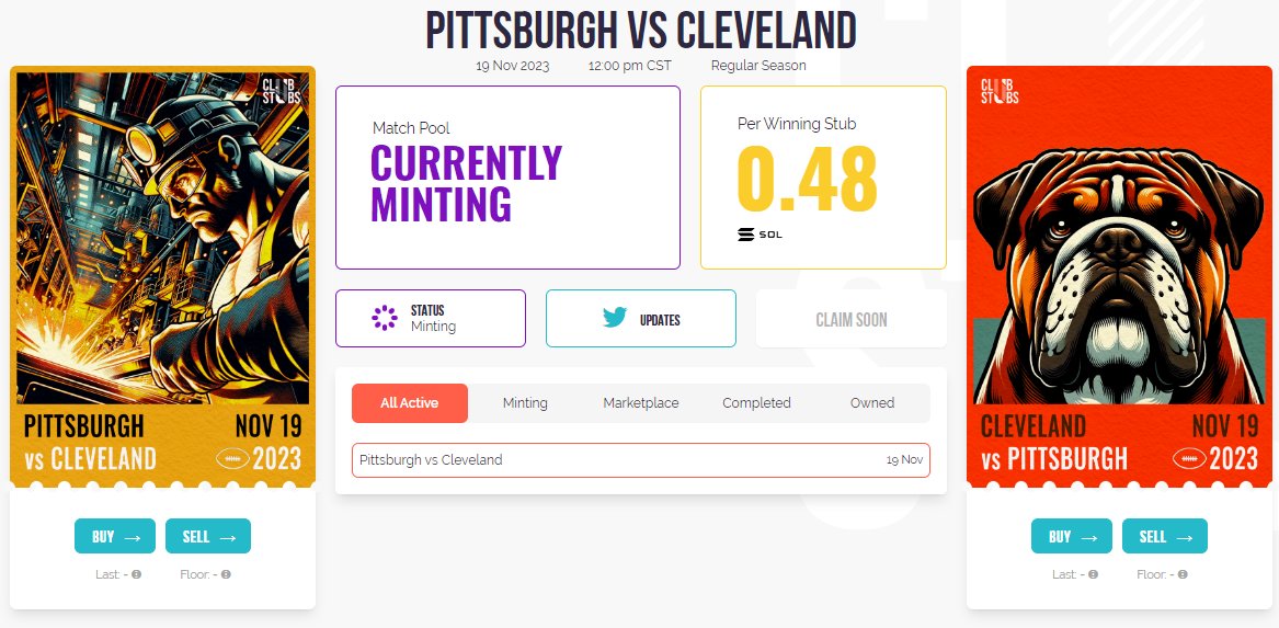 ClubStubs_Live's tweet photo. #PIT v #CLE Stubs now minting for 0.25 $SOL /ea. Winning Stubs split the game pool 🎟️ https://t.co/FW0LJNgh4y 🏈 https://t.co/BHYpj7bSs6