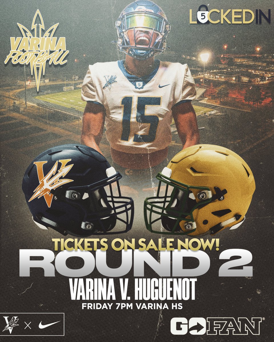 Tickets for this Friday's huge matchup between Varina and Huguenot are on sale NOW! Be there and be LOUD on Friday. Tickets are ONLY sold online.
gofan.co/event/1237120?…

#l5ckedin
#BuiltOn5
#PackTheDawk