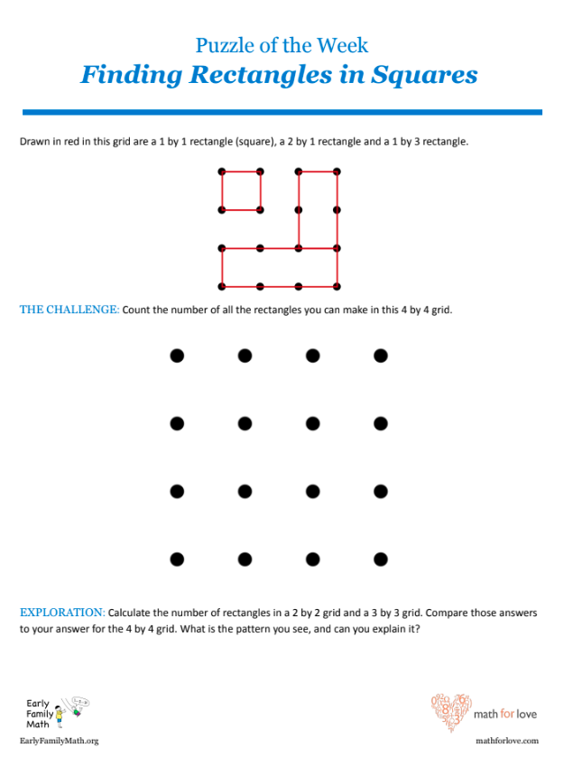 How many rectangles can you make in this 4 x 4 grid?
In collab with Math for Love
#earlymath #tmwyk #mtbos #mathschat #iteachmath #mathgames #mathstrategy #mathematics #homeschooling #momlife #parenting #playathome