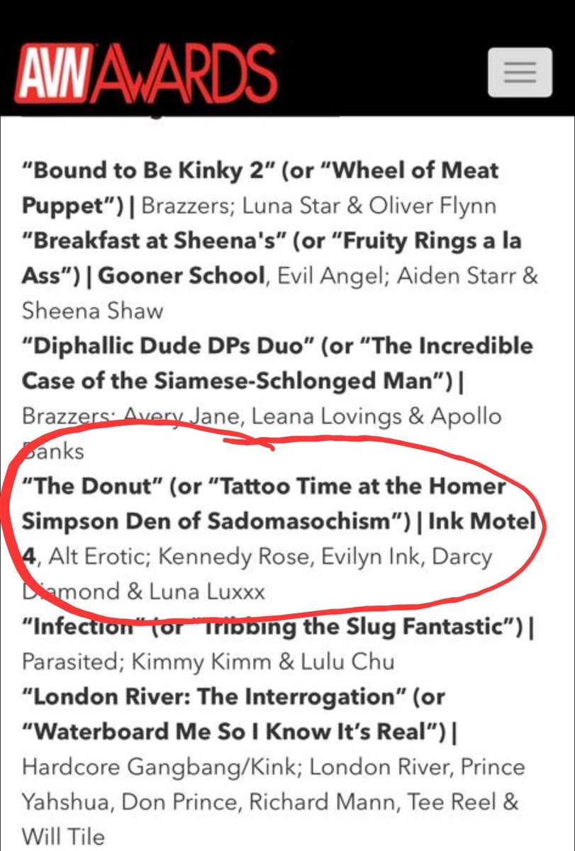 HELL YEAH TEAM WE DID IT! The donut tattoo scene has been nominated for an AVN for most outrageous sex scene!

<a href="/alterotic/">AltErotic</a> 
<a href="/EvilynInk/">Evilyn Ink</a> 
<a href="/iamivanxxx/">Ivan</a> 
<a href="/MissLunaLuxxx/">⭒ ✮ 👑 MιѕѕLυηαLυχχχ ✮ ⭒</a> 
<a href="/darcydiamond90/">Darcy Diamond • Triple Goddess • 🌖🌑🌔 •</a>