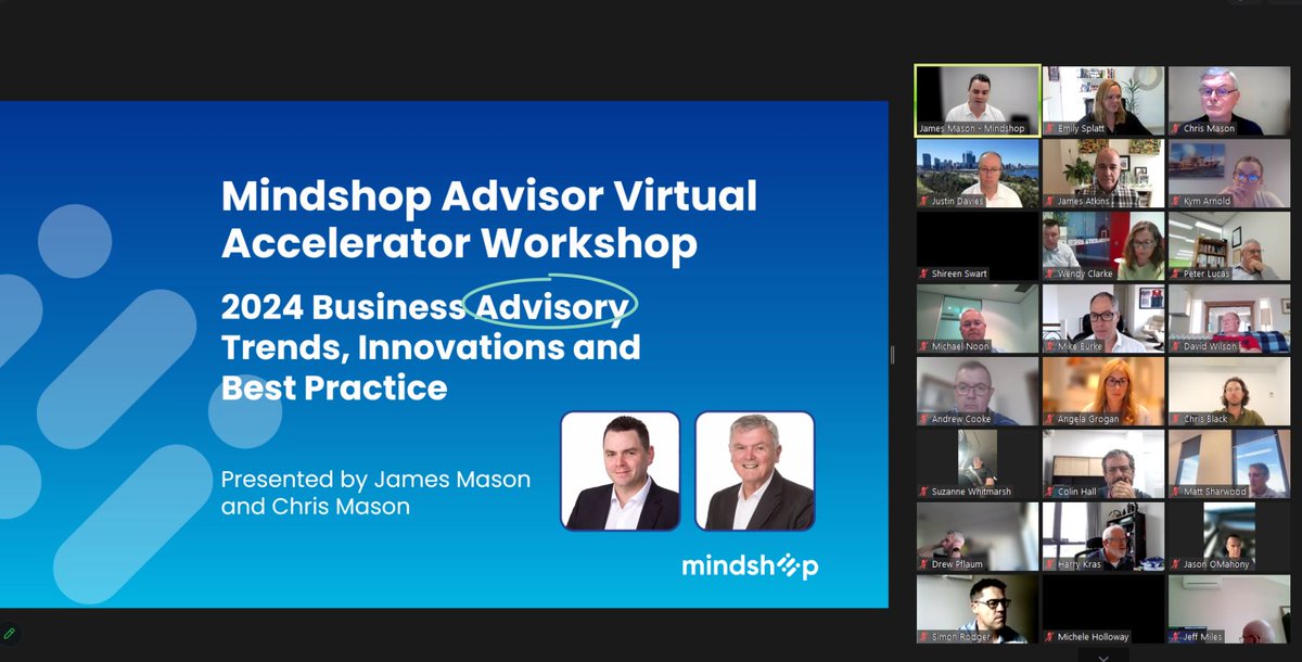 Close to 100 advisors discussing advisory trends, best practice for ‘24 at Mindshop's AUS/NZ Virtual Accelerator Workshop. Thanks to Chris Mason and Iylia Suhaina for also presenting. Looking forward to EU, NA and SG workshops.
#businessadvisor #themindshopway