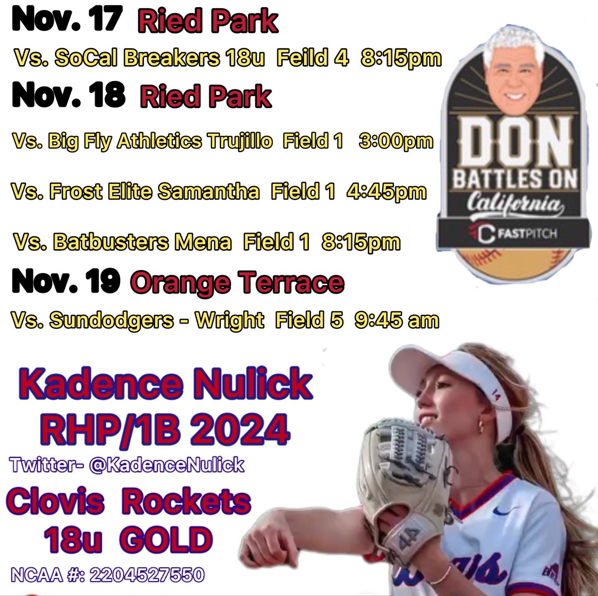 Headed to So Cal this weekend for Don Battles On! Here is my schedule, let’s finish out the fall season strong! 🚀 ❤️ <a href="/Amy_Hayes22/">Amy Hayes</a> <a href="/saintrosesb/">Saint Rose Softball</a> <a href="/vanguardsb1/">Samantha Barbera</a> <a href="/lamarccsoftball/">Lamar CC Softball</a> <a href="/CoachLettyO/">Letty Olivarez</a> <a href="/WVC_Softball/">West Valley Softball</a> <a href="/QUHawksSB/">Quincy Softball</a> <a href="/CSUPsoftball/">CSU-Pueblo Softball</a> <a href="/CUJacketsSB/">Cedarville Softball</a> <a href="/MSUM_Softball/">MSUM Softball</a>