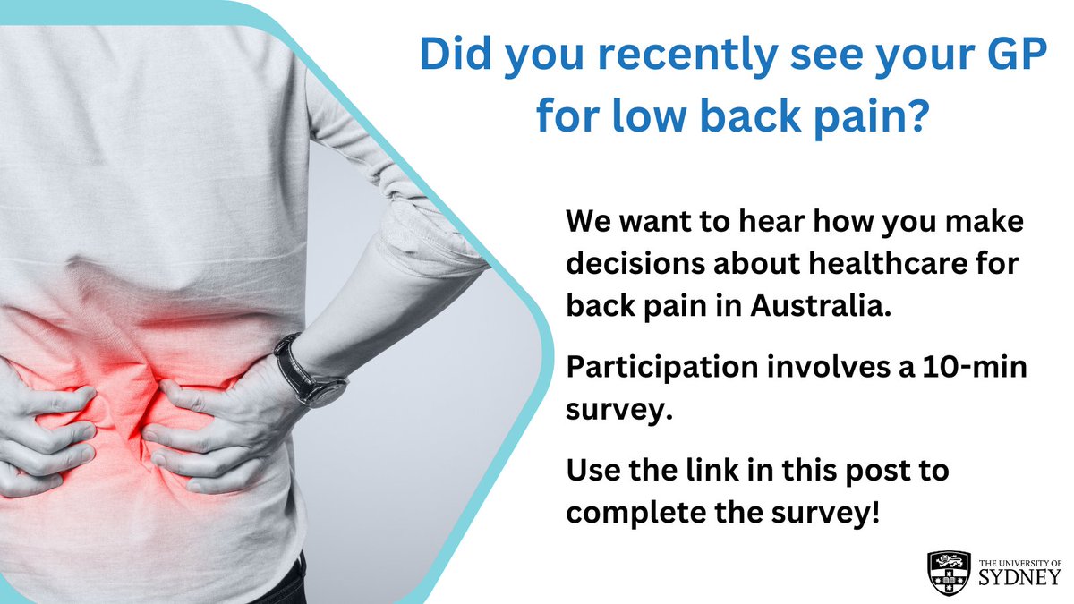 Sydney MSK (@sydneymsk) on Twitter photo Did you recently see your GP for #lowbackpain?
We want to hear how you make decisions about healthcare for back pain in Australia. Participation involves a 10-min survey. Use the link in this post to complete the survey!
tinyurl.com/FactSheetSurvey
#PrimaryCare <a href="/Painaustralia/">Painaustralia</a> Did you recently see your GP for #lowbackpain?
We want to hear how you make decisions about healthcare for back pain in Australia. Participation involves a 10-min survey. Use the link in this post to complete the survey!
tinyurl.com/FactSheetSurvey
#PrimaryCare <a href="/Painaustralia/">Painaustralia</a>