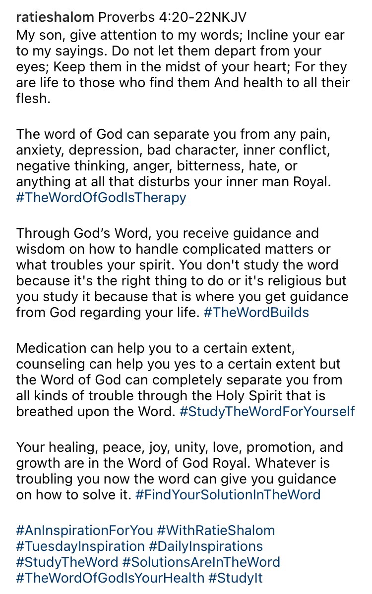 The word of God can separate you from any pain, anxiety, depression, bad character, inner conflict, negative thinking, anger, bitterness, hate, or anything at all that disturbs your inner man Royal. #TheWordOfGodIsTherapy

Link in Bio for more….
#TuesdayInspiration #StudyTheWord