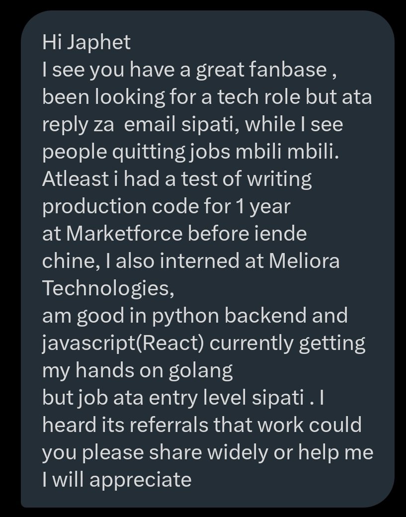 ItsDevMutai's tweet image. Good morning Techies,
A bro needs help. He is good at Python (backend) and ReactJS. Currently learning Golang.
Hasn't been able to land a role despite 'many' applications.
Any help for even an Entry Level role will go along way.