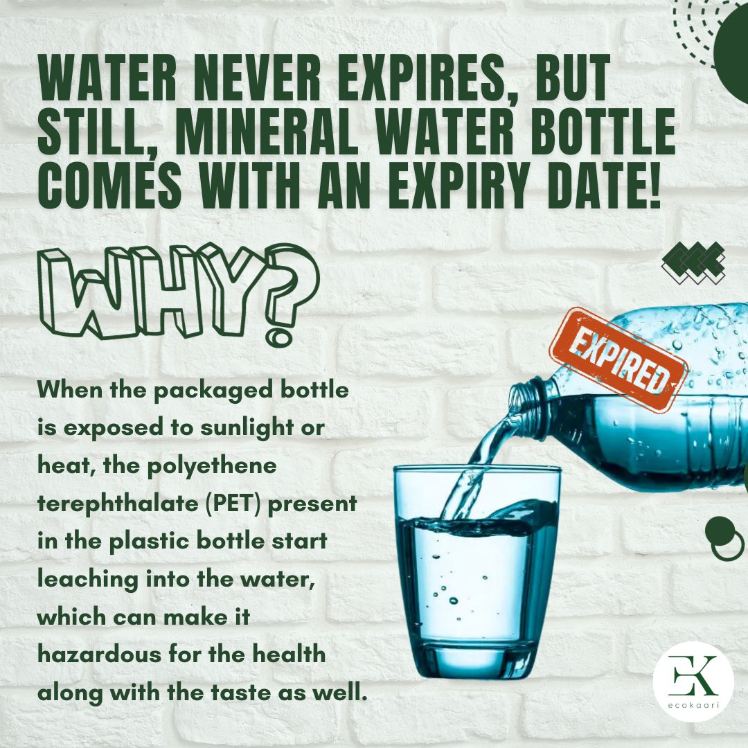 EcoKaari's tweet image. Plastic water bottles typically have an expiry date, although it may not be labeled as such. 

This is because over time, the quality of the plastic, often polyethylene terephthalate (PET), can deteriorate when exposed to sunlight or heat. 

#bottles #avoidplastic