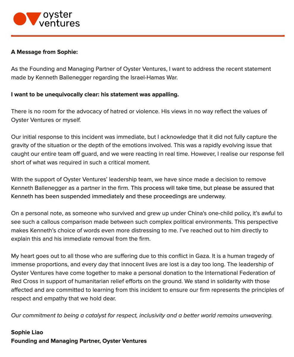 AIPAction's tweet photo. Kenneth Ballenegger has been suspended from his role of Managing Partner effective immediately. 

Raising our voice works. 

Oyster Ventures, thank you for admitting that a simple apology isn’t enough. We will check in soon to see if you uphold your promise of terminating him. https://t.co/gWW8FEfTy0
