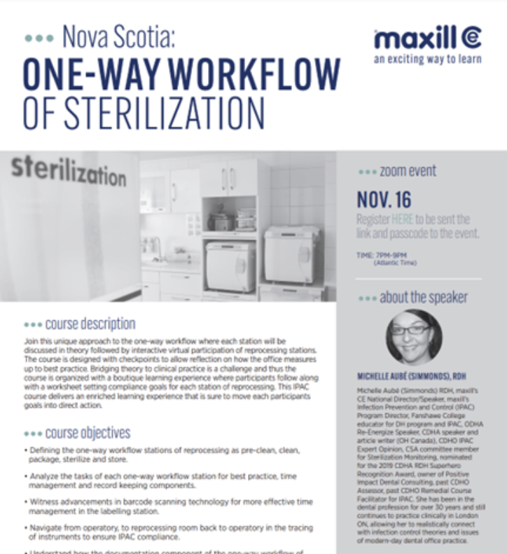 HEY NOVA SCOTIA  Don't forget to sign your team up for our Nov 16 CE: ONE-WAY WORKFLOW OF STERILIZATION, at 7-9pm AST!  !