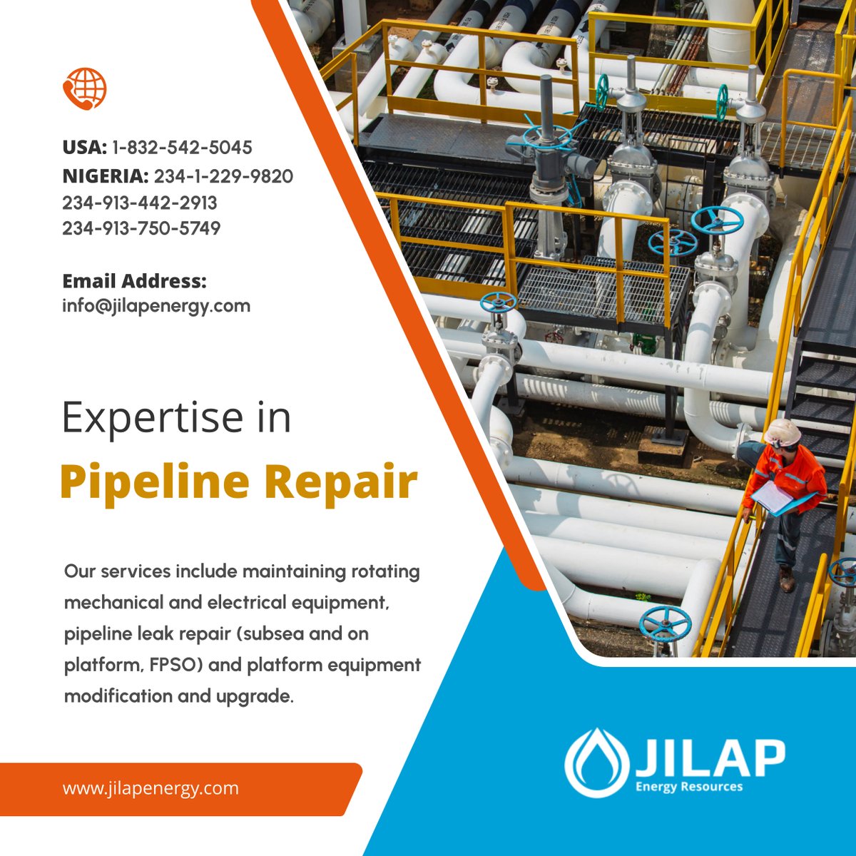jilap_energy's tweet image. As a consultancy services provider, our asset integrity &amp;amp; pipeline repair service covers sales and service, part sales, rentals, complete engine repair, preventative maintenance, and many more.

#OilAndGasSolutions #PipelineRepair #RichmondTX