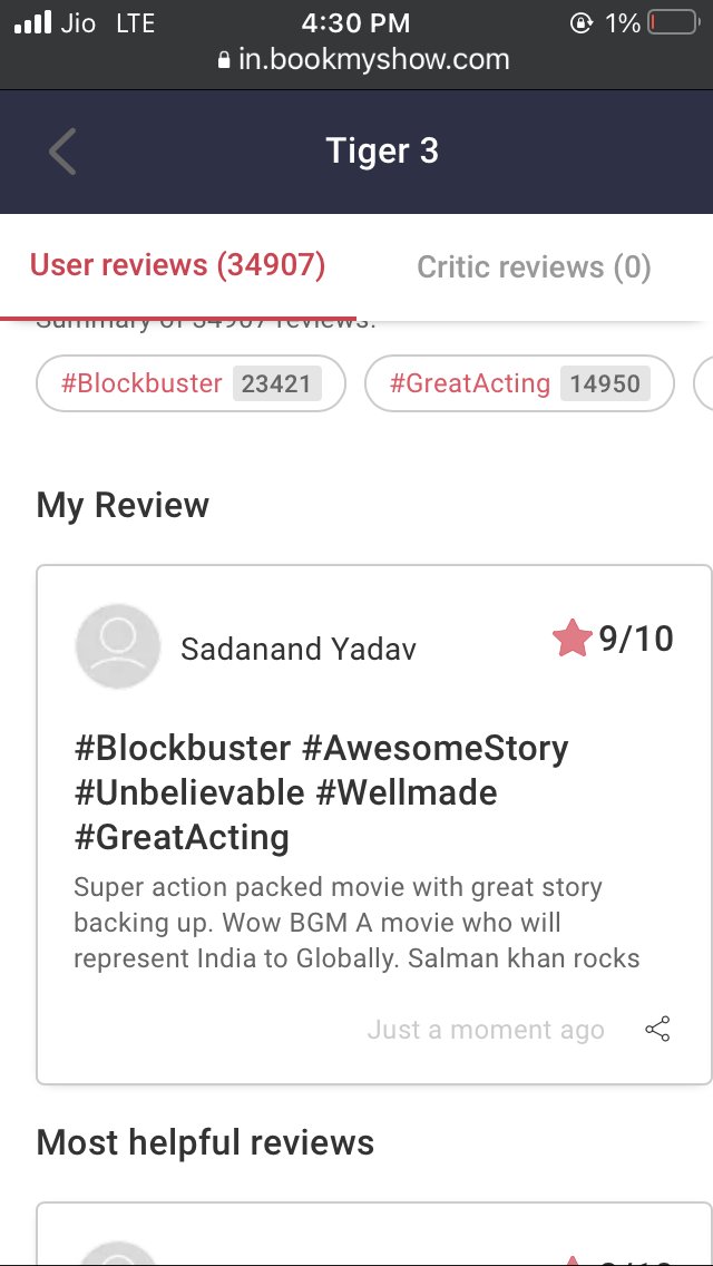 #Tiger3 #Tiger3Review #Tiger3HistoricDiwali 

Hello every #SalmanKhan fans plz go on #BMS and give 9 or 10 star and also give 3-4 hashtags such as #Blockbuster #wellmade
#Awesomestory #Greatacting