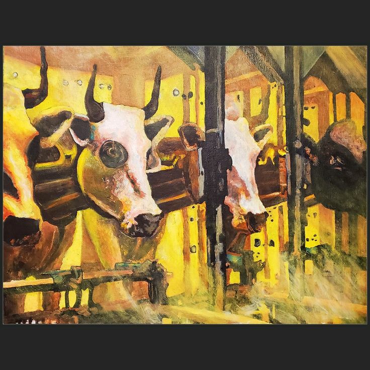 PDcafargo's tweet photo. Cows Have Changed. From the Long Emergency series- blog: https://t.co/COULYNqrKp
#art #painting #longemergency #posthumanity #geneticmutation #cyborgs https://t.co/xDlCUMEGrw