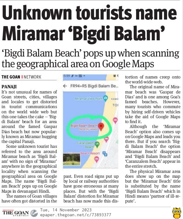 LicioRoncon's tweet photo. Now even our Goan beaches are loosing it's identity!!!
"Miramar beach" name changed to "bigdi balam" 
Slowly Goa is loosing it's identity due to huge migrant influx into Goa.
Tourism Minister @RohanKhaunte &amp; Goa CM @DrPramodPSawant @googlemaps revert back to "Miramar" Beach ASAP! https://t.co/kRacjySxWG