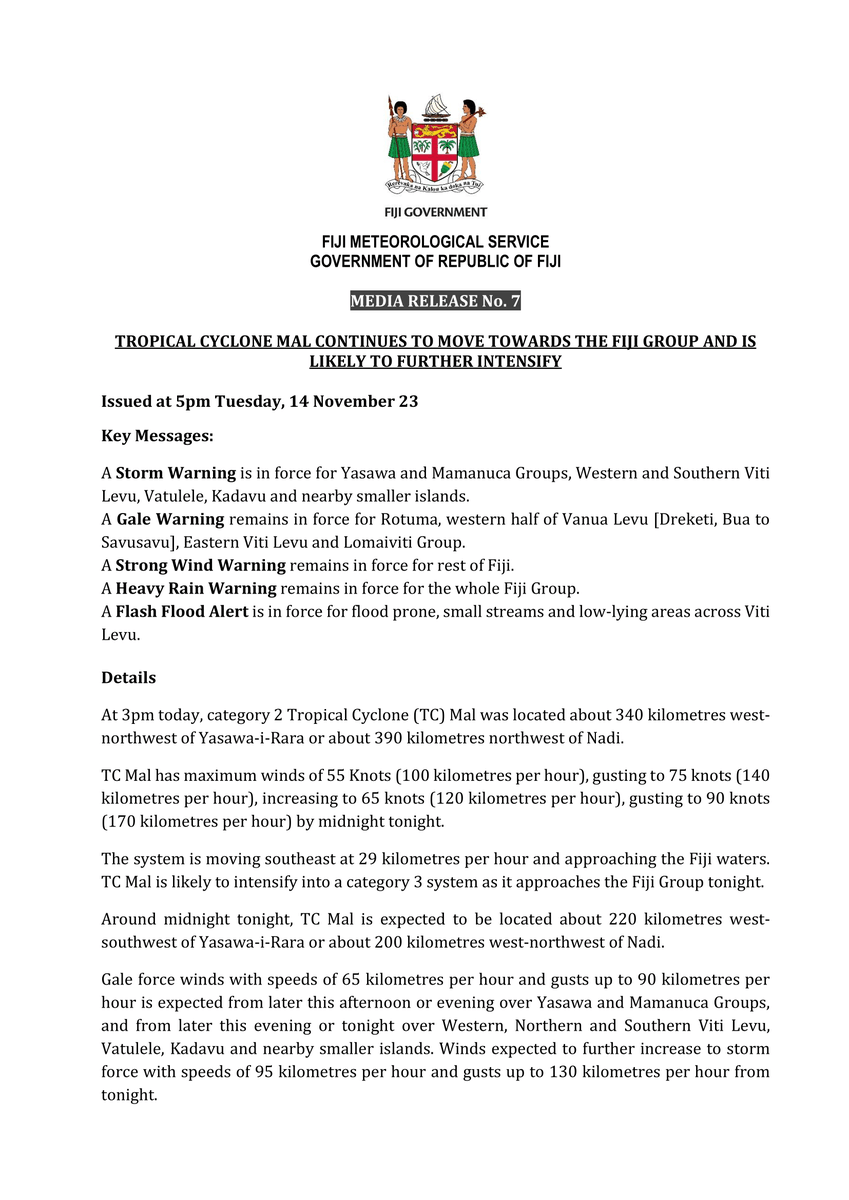 FJMETservice's tweet photo. Latest Media Release 

Gale force winds with speeds of 65/hr &amp; gusts up to 90km/hr is expected from later this afternoon or evening over Yasawa &amp; Mamanuca &amp; from later this evening or tonight over Western, Northern &amp; Southern Viti Levu, Vatulele, Kadavu &amp; nearby smaller islands. https://t.co/uXVjLVivpR