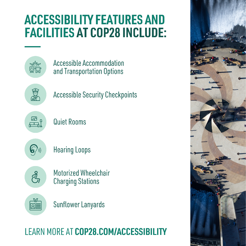 COP28_UAE's tweet photo. Learn more about the measures we are implementing to make COP more accessible and inclusive than ever before.

#COP28
